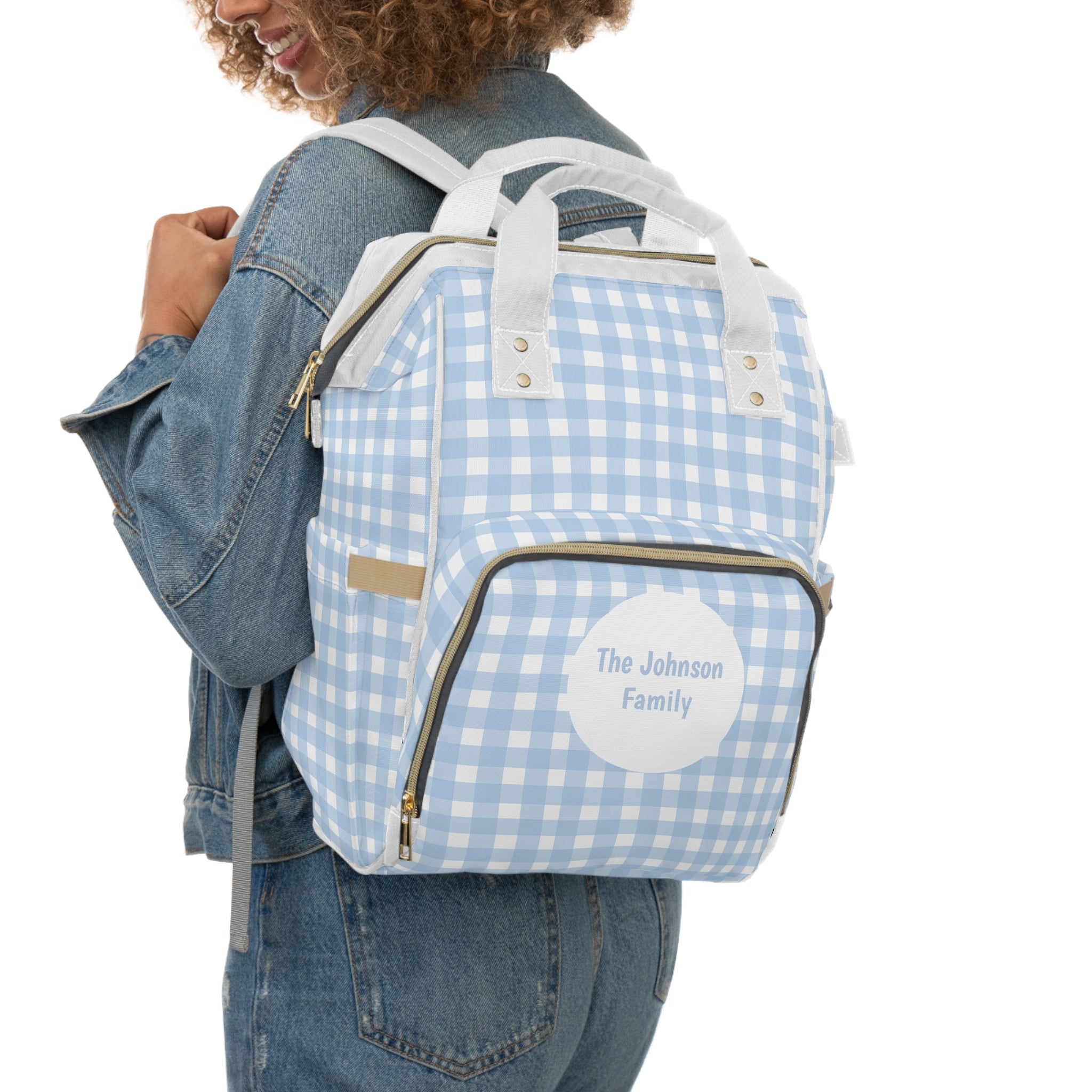 Personalized Blue Gingham Diaper Backpack | Multifunctional Baby Nappy Bag for Parents