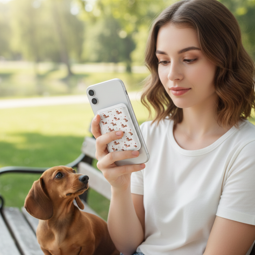 Cute Dachshund Heart MagSafe Wallet – Vegan PU Leather Slim Phone Card Holder, Dog Lover Gift
