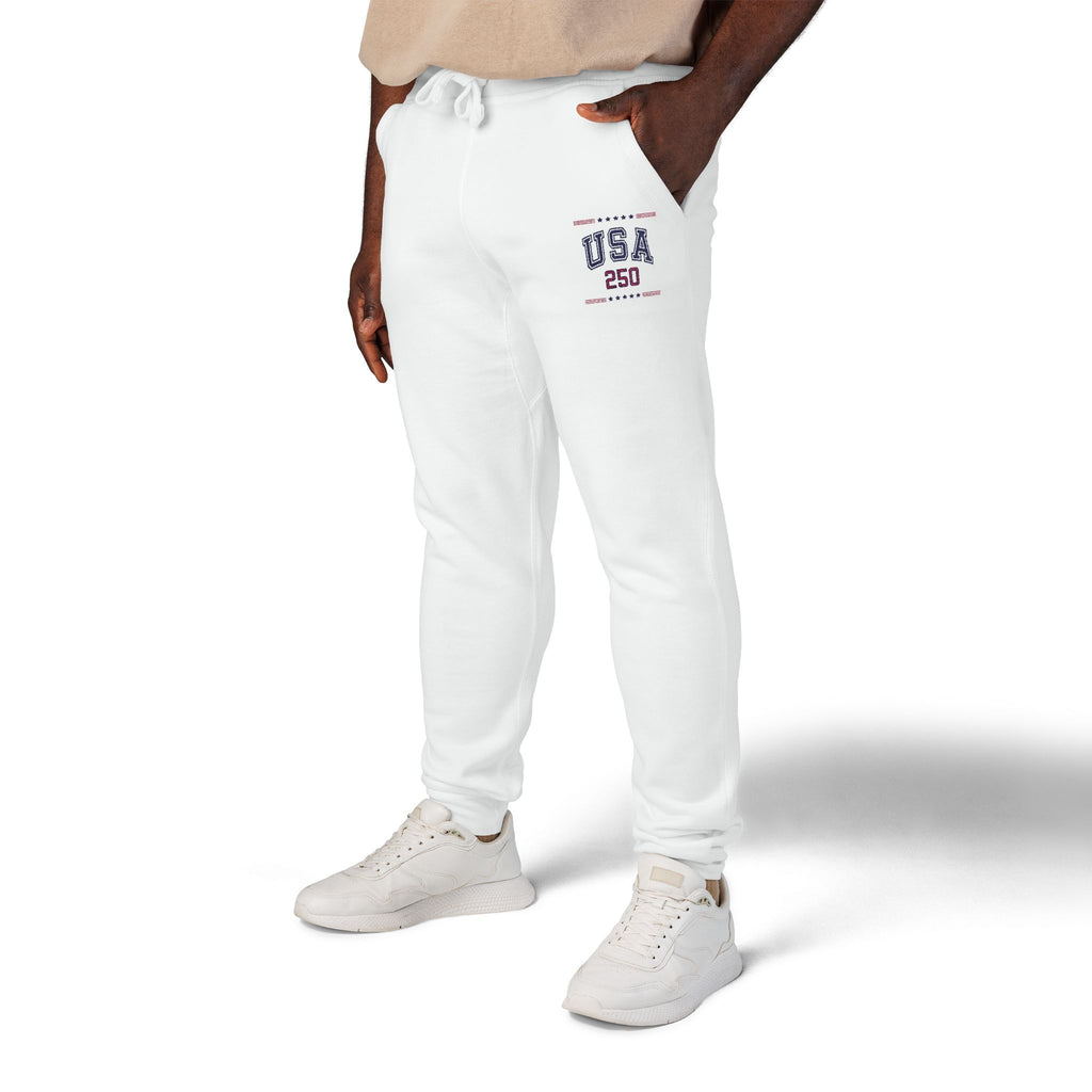 America 250 Sweatpants – Unisex Patriotic Fleece Joggers in White & Gray | USA Semiquincentennial 2026