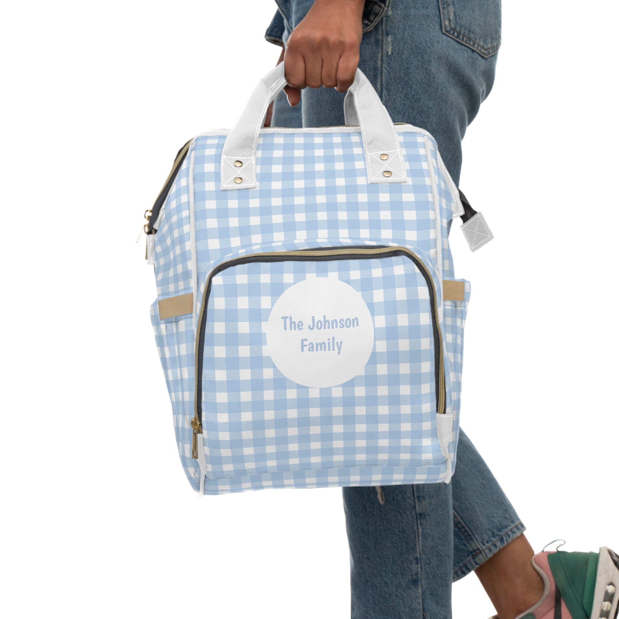 Personalized Blue Gingham Diaper Backpack | Multifunctional Baby Nappy Bag for Parents