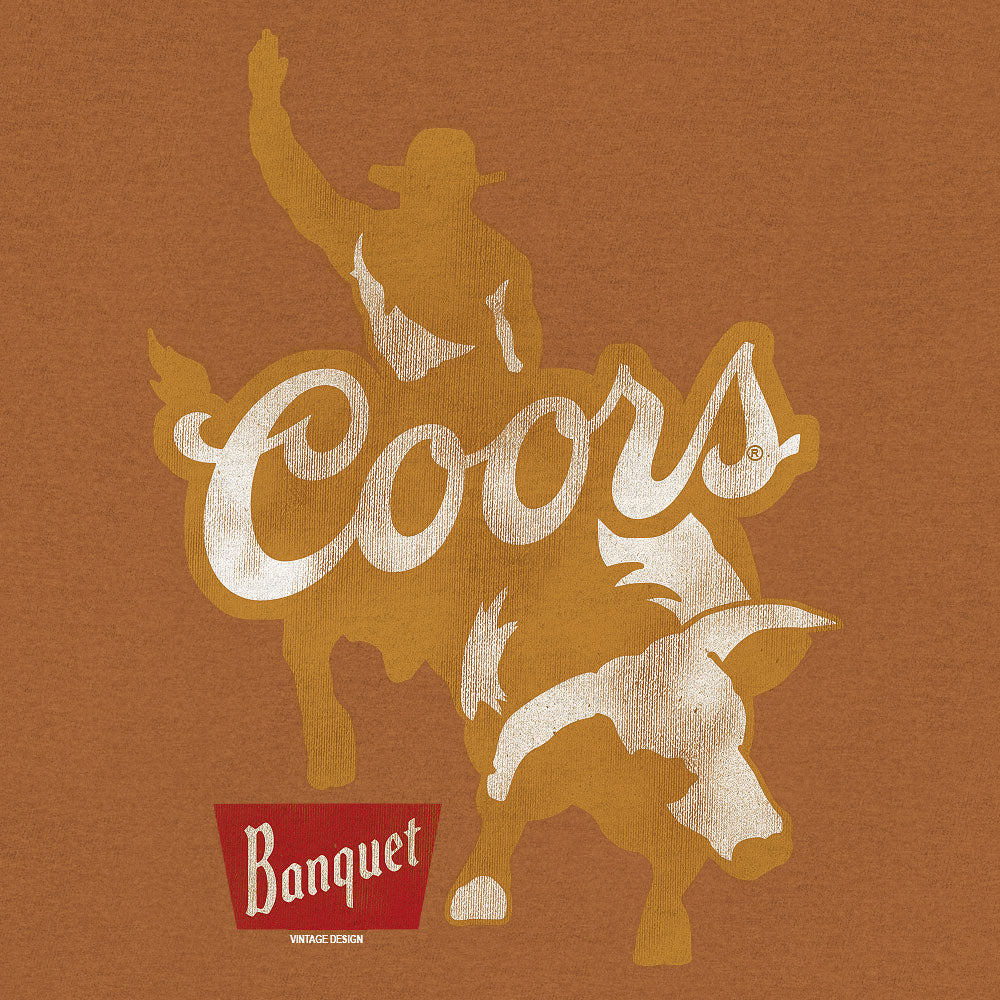 Coors Banquet Rodeo Bull Rider T-Shirt – Vintage Brown Sugar Cotton Beer Tee with Front & Back Graphic