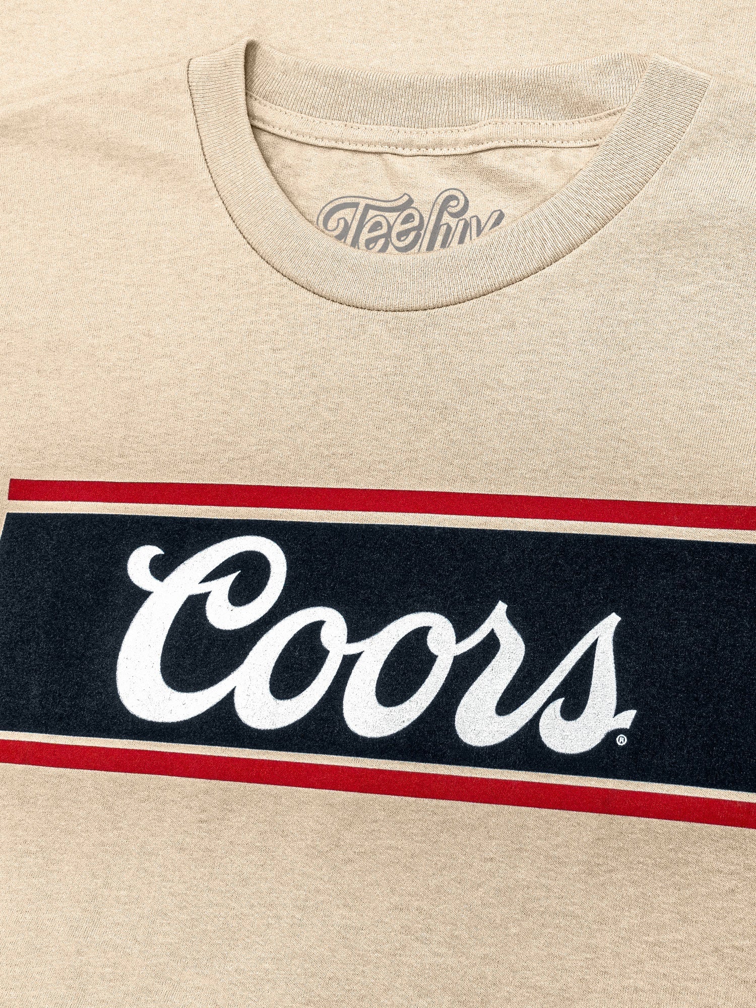 Coors Beer Logo T-Shirt – Vintage Cream Cotton Tee with Classic Red White & Blue Logo