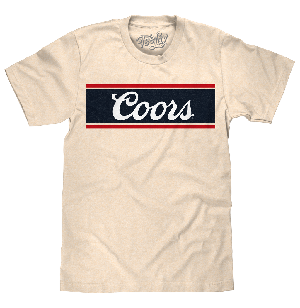 Coors Beer Logo T-Shirt – Vintage Cream Cotton Tee with Classic Red White & Blue Logo
