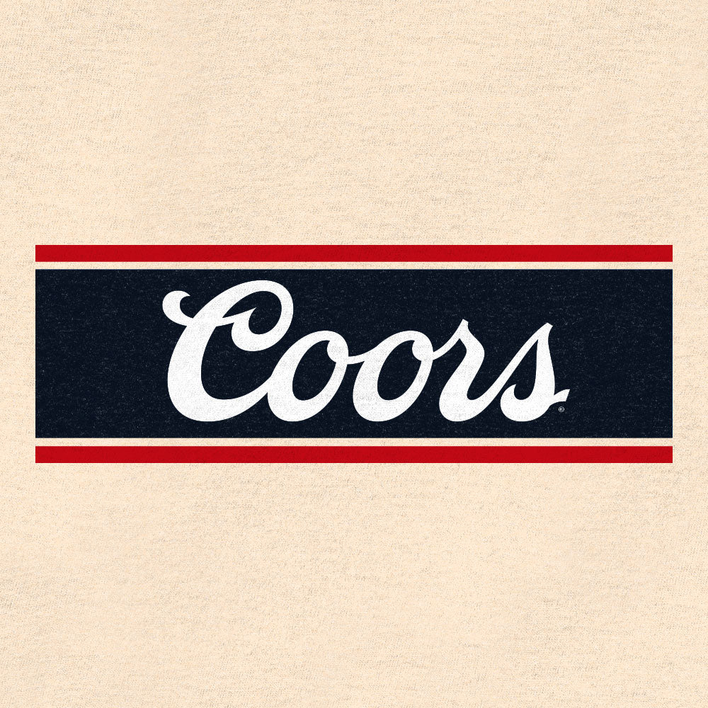Coors Beer Logo T-Shirt – Vintage Cream Cotton Tee with Classic Red White & Blue Logo