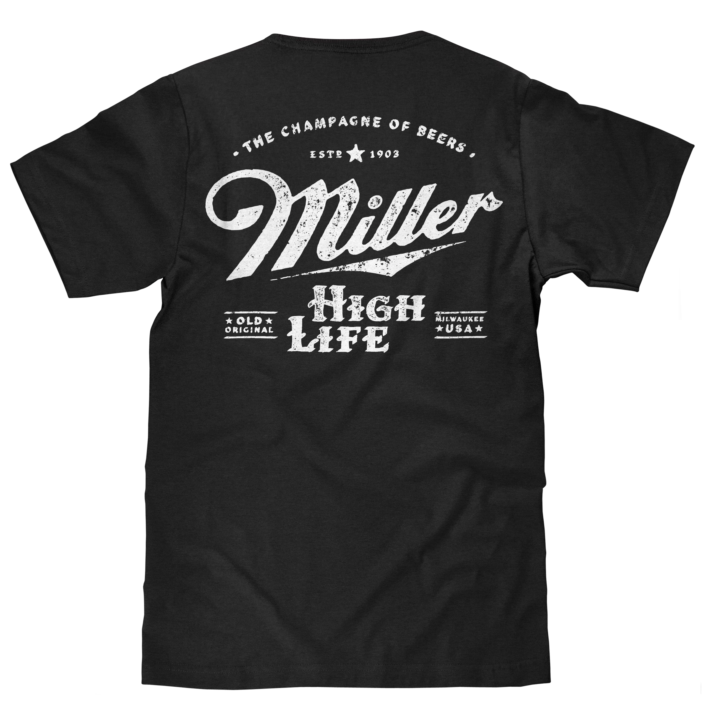 Miller High Life Distressed Logo T-Shirt – Vintage Black Beer Tee with Front & Back Graphic