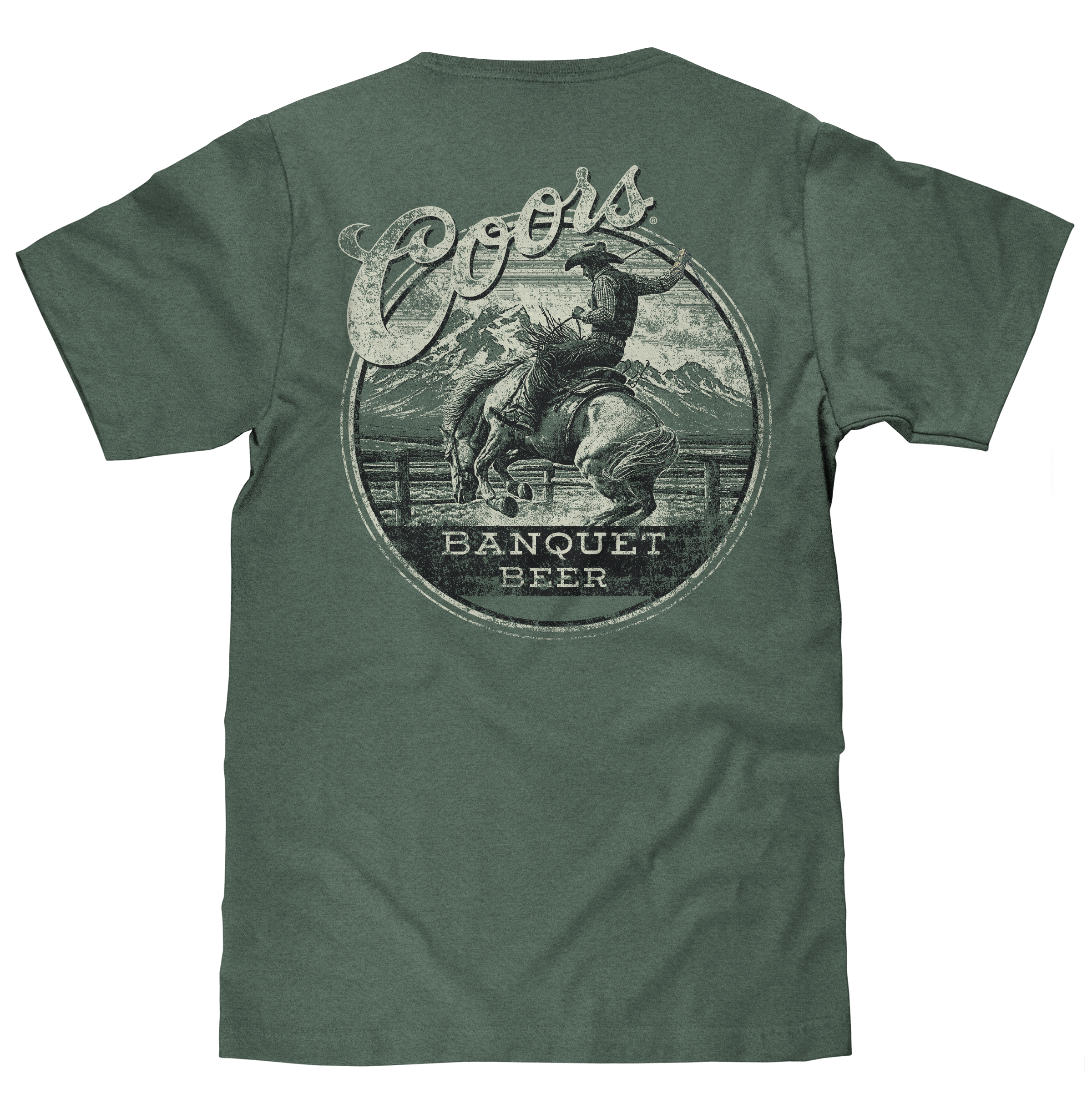 Coors Banquet Rodeo Horse T-Shirt – Cypress Green | Vintage Beer Front Pocket Tee