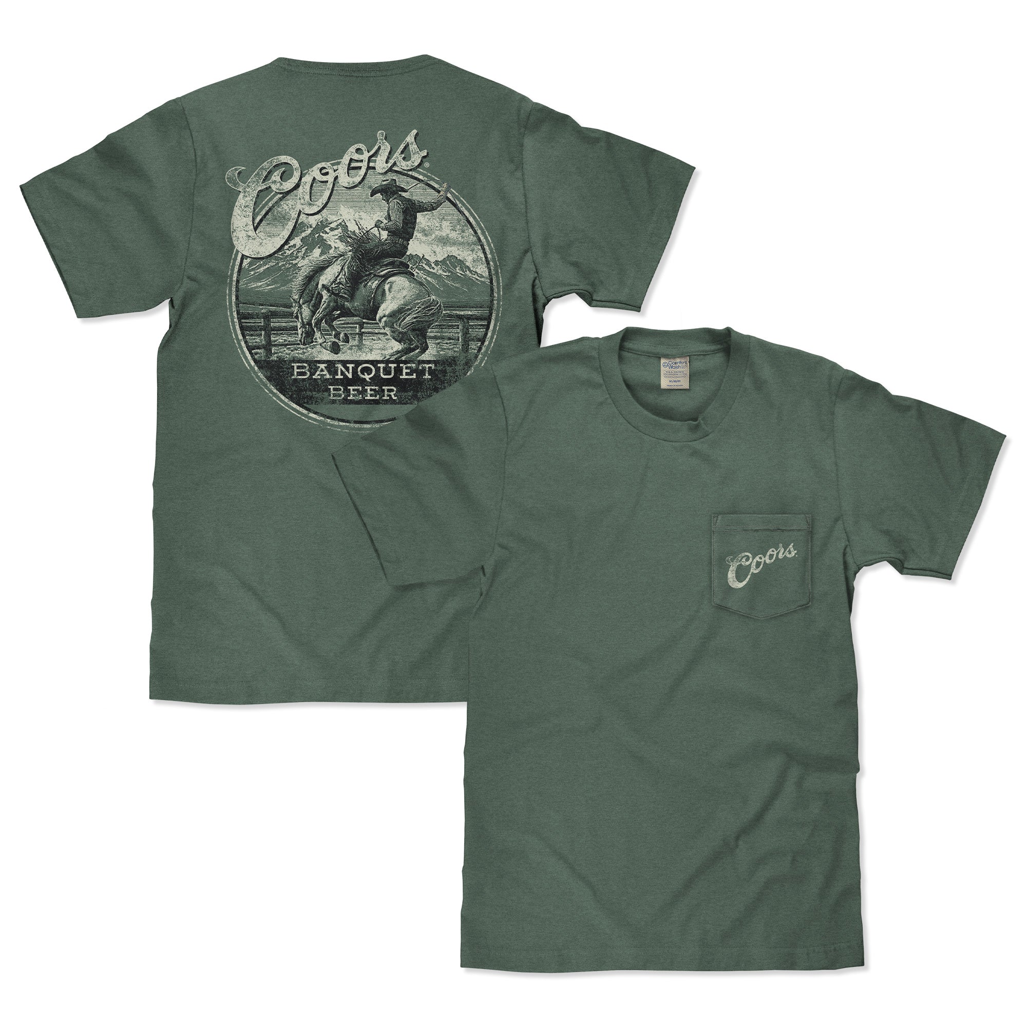 Coors Banquet Rodeo Horse T-Shirt – Cypress Green | Vintage Beer Front Pocket Tee