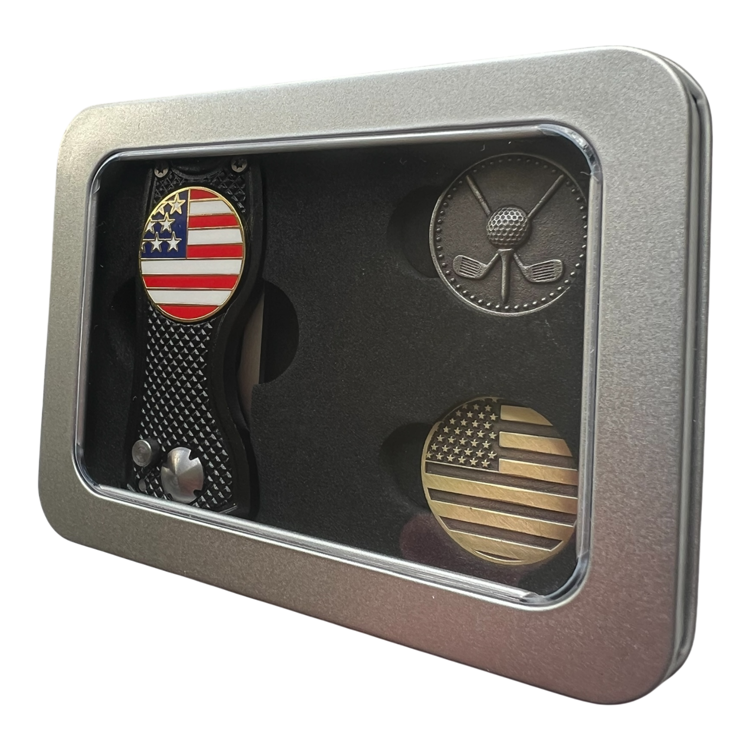USA Golf Divot Repair Tool Set – Trigger-Action Divot Tool with American Flag Ball Markers, Patriotic Golf Gift
