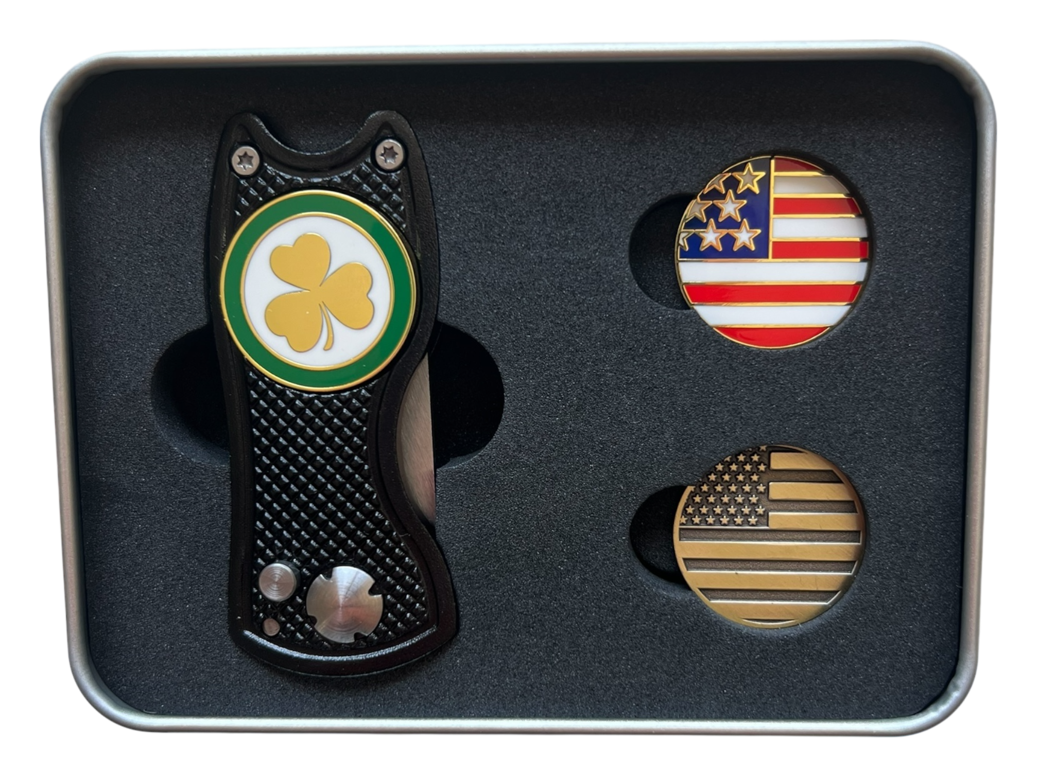 USA Golf Divot Repair Tool Set – Trigger-Action Divot Tool with American Flag Ball Markers, Patriotic Golf Gift