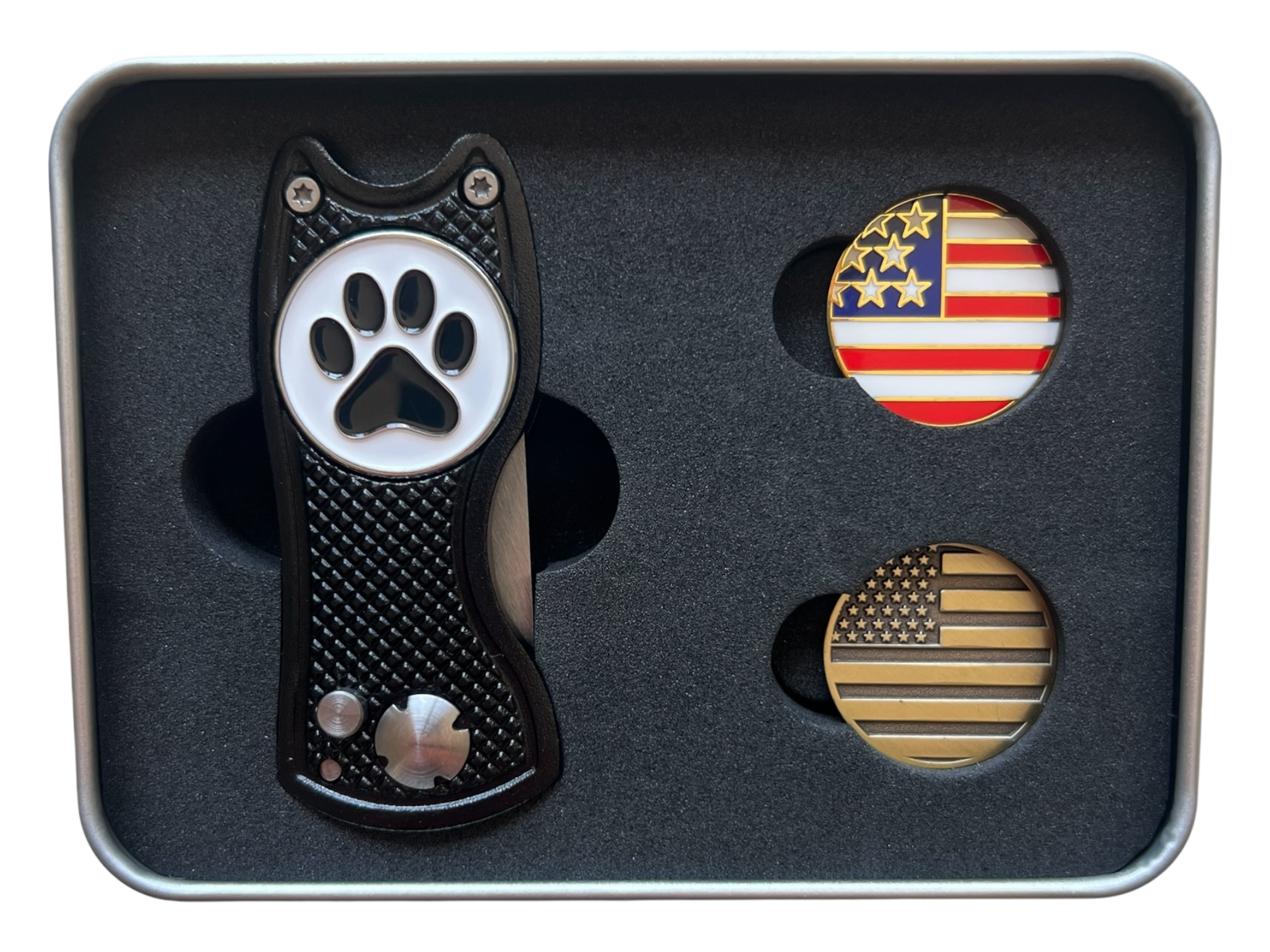 USA Golf Divot Repair Tool Set – Trigger-Action Divot Tool with American Flag Ball Markers, Patriotic Golf Gift