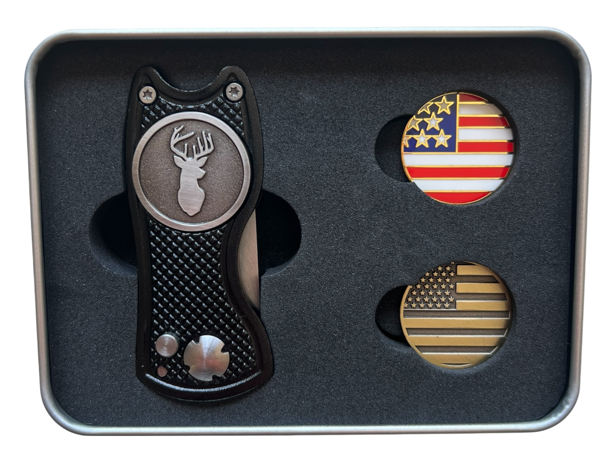 USA Golf Divot Repair Tool Set – Trigger-Action Divot Tool with American Flag Ball Markers, Patriotic Golf Gift