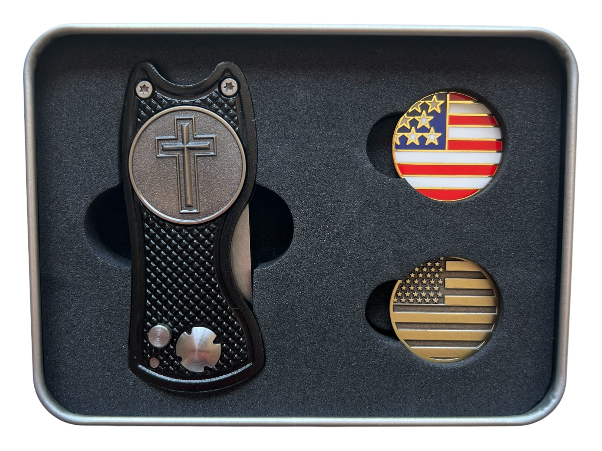 USA Golf Divot Repair Tool Set – Trigger-Action Divot Tool with American Flag Ball Markers, Patriotic Golf Gift
