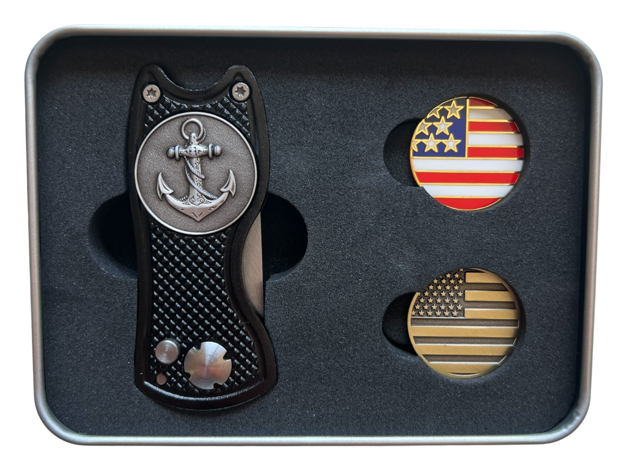 USA Golf Divot Repair Tool Set – Trigger-Action Divot Tool with American Flag Ball Markers, Patriotic Golf Gift