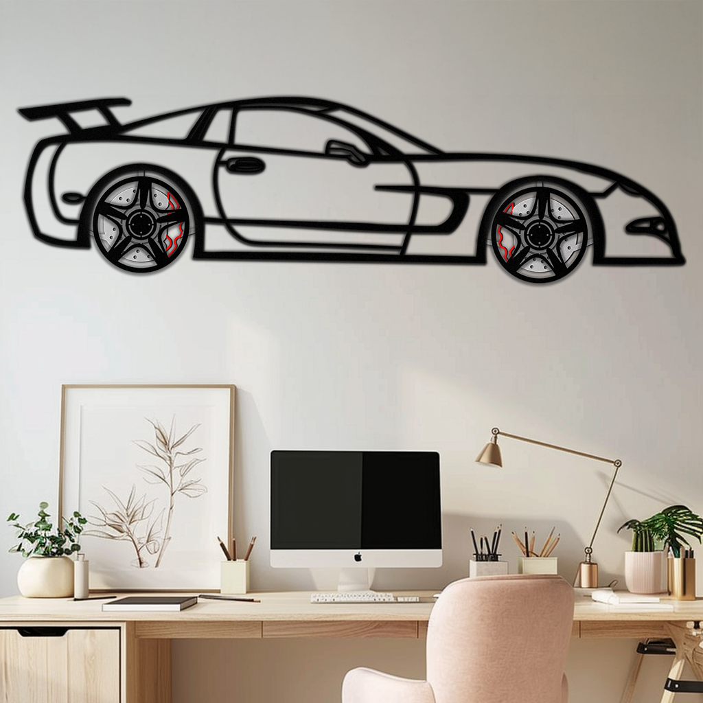Chevrolet Corvette C5 Metal Wall Art with Rotating Wheels | Sports Car Silhouette Garage & Man Cave Decor