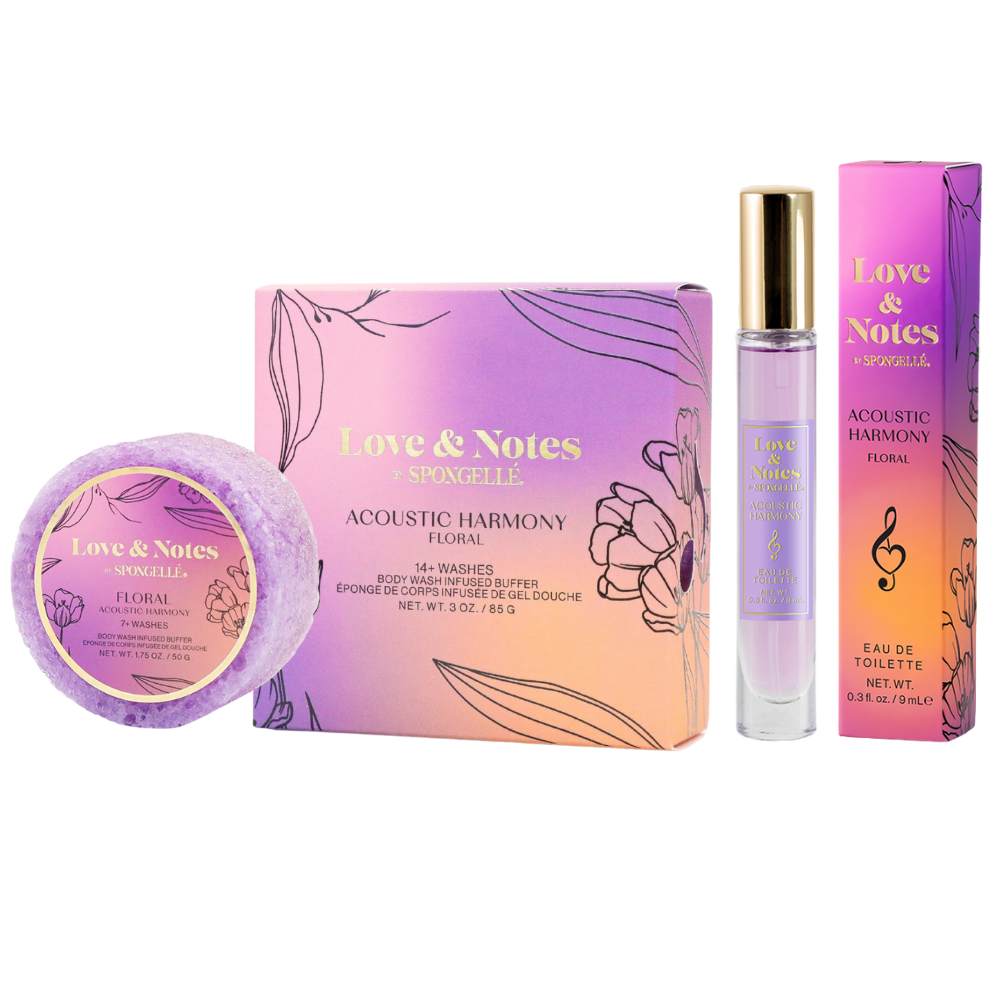 Love & Notes Trio Gift Set – Body Wash Infused Buffer®, Travel Spongette® & Eau de Toilette | Luxury Self-Care & Fragrance Set