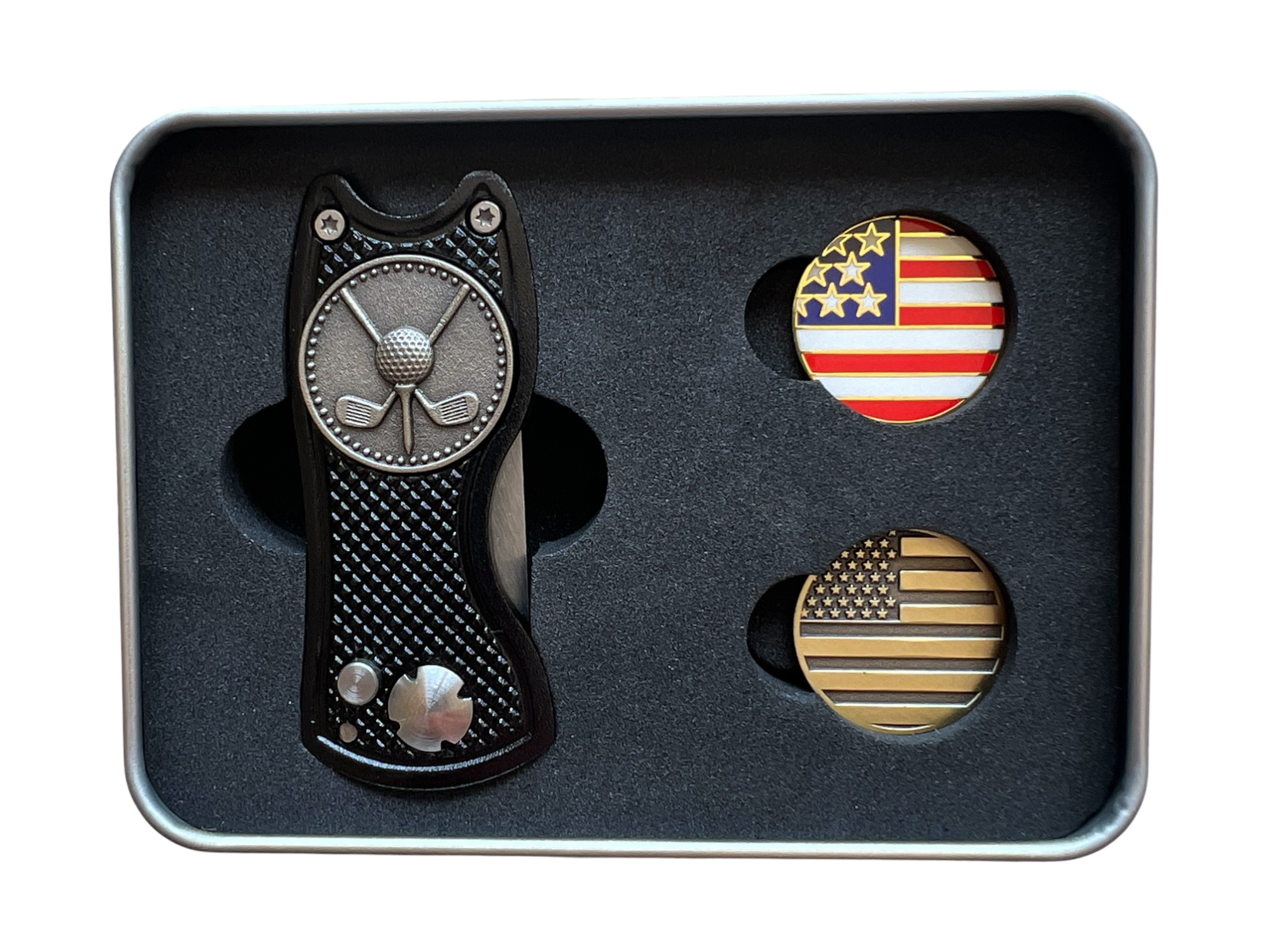 USA Golf Divot Repair Tool Set – Trigger-Action Divot Tool with American Flag Ball Markers, Patriotic Golf Gift