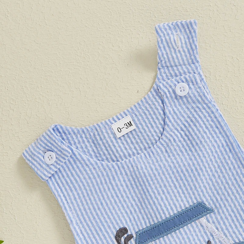 Baby Boy Sleeveless Golf Cart Romper | Striped Embroidered Crew Neck Summer Jumpsuit