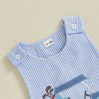 Baby Boy Sleeveless Golf Cart Romper | Striped Embroidered Crew Neck Summer Jumpsuit