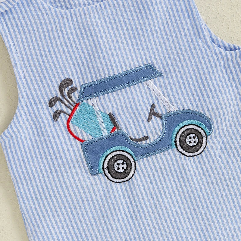 Baby Boy Sleeveless Golf Cart Romper | Striped Embroidered Crew Neck Summer Jumpsuit