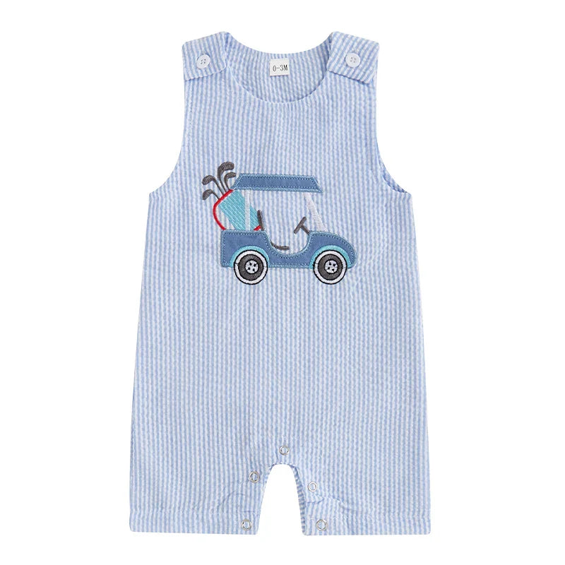 Baby Boy Sleeveless Golf Cart Romper | Striped Embroidered Crew Neck Summer Jumpsuit