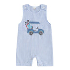 Baby Boy Sleeveless Golf Cart Romper | Striped Embroidered Crew Neck Summer Jumpsuit