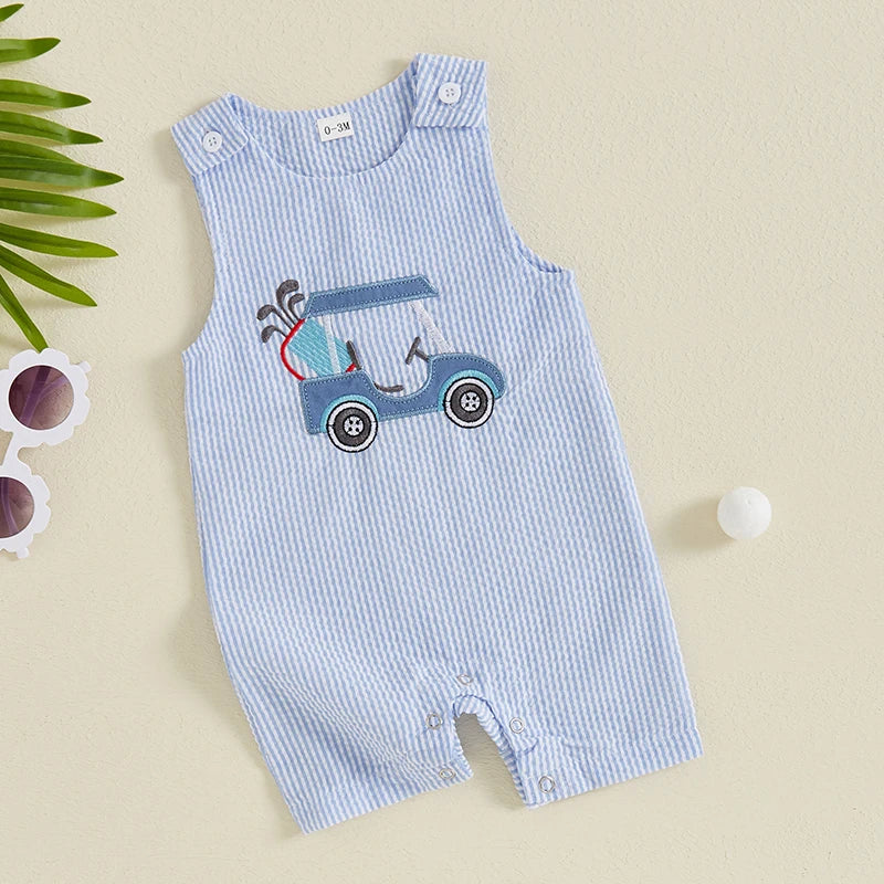 Baby Boy Sleeveless Golf Cart Romper | Striped Embroidered Crew Neck Summer Jumpsuit