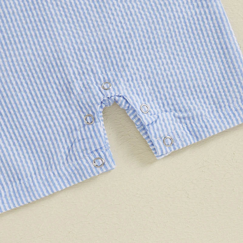 Baby Boy Sleeveless Golf Cart Romper | Striped Embroidered Crew Neck Summer Jumpsuit