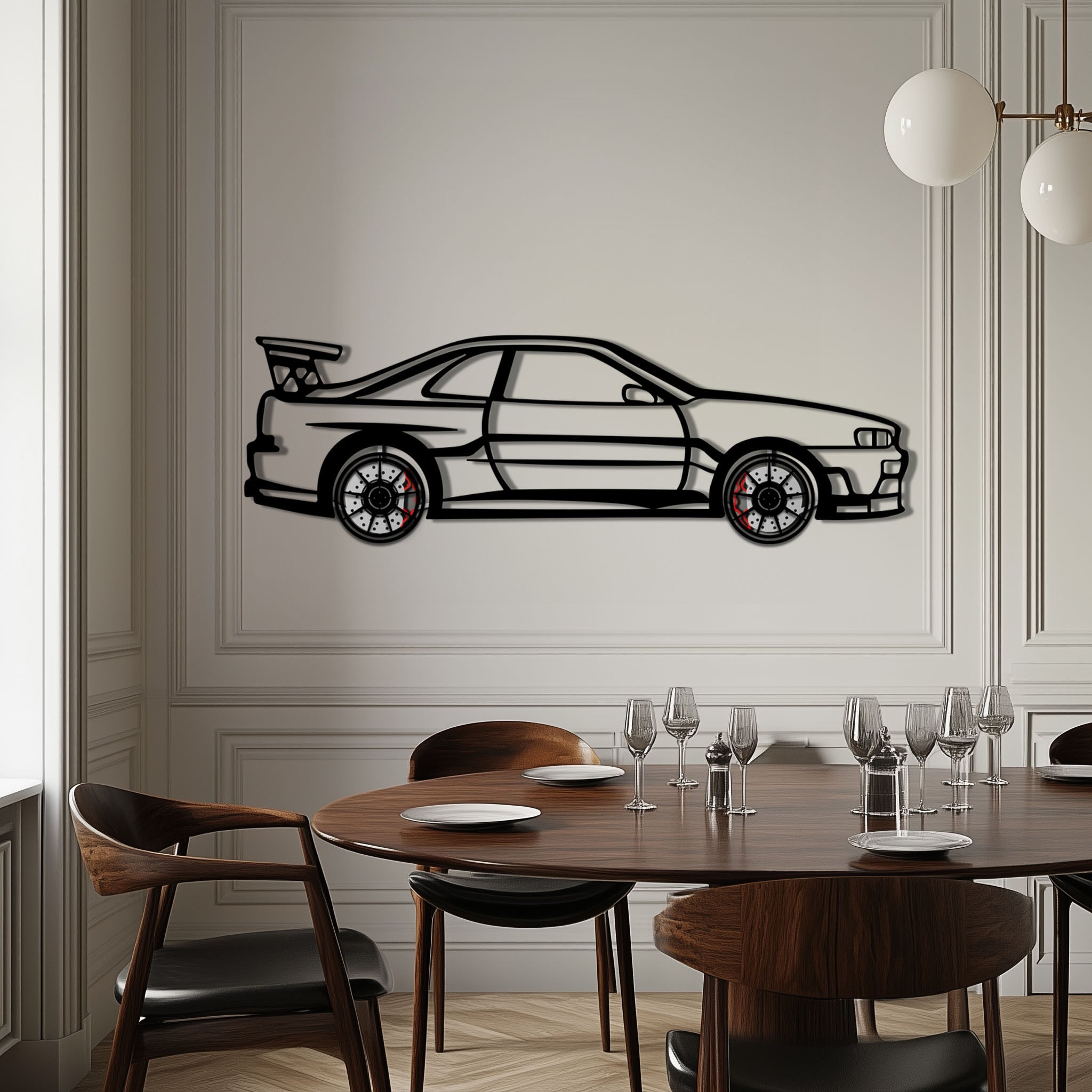 Nissan Skyline GT-R R34 Metal Wall Art with Rotating Wheels | JDM Godzilla Car Silhouette Decor