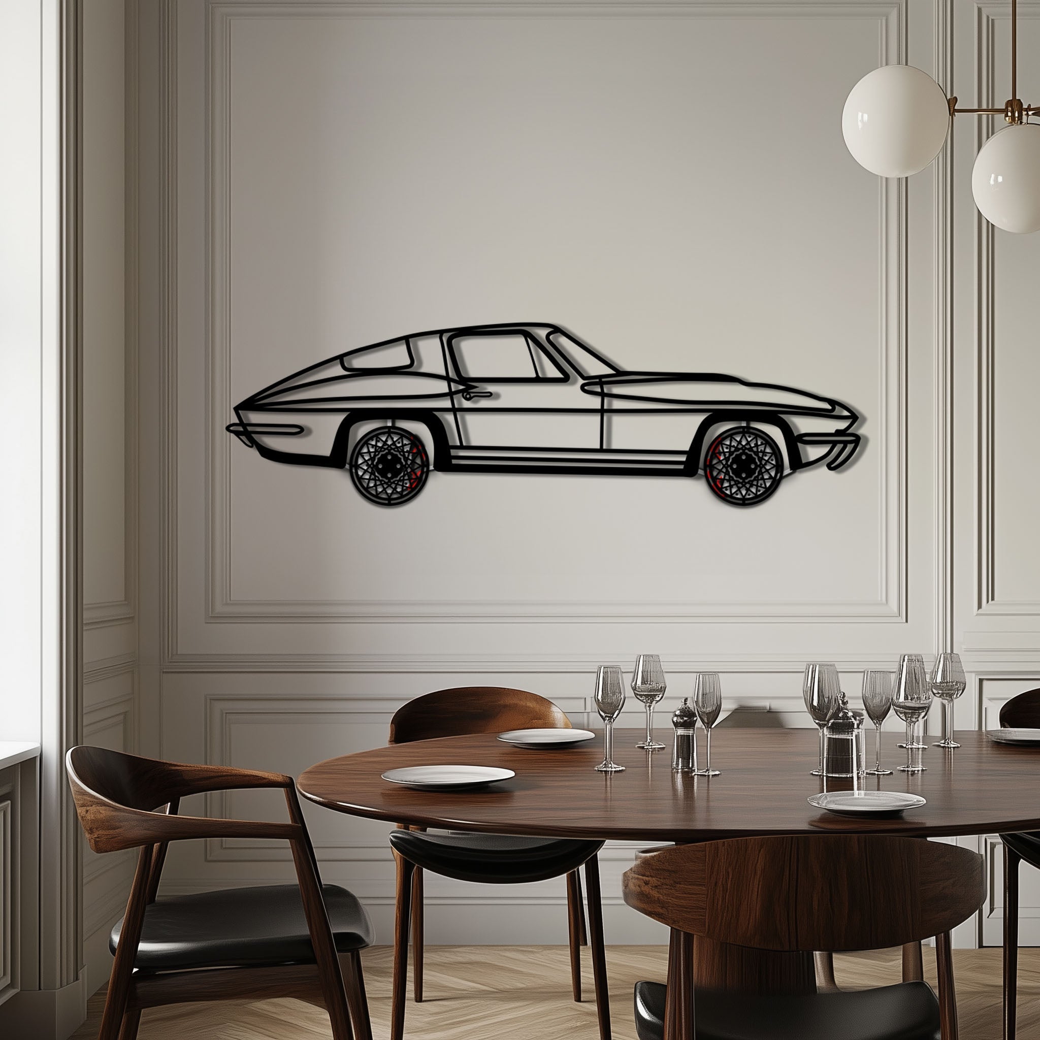 Chevrolet Corvette C3 Stingray Metal Wall Art with Rotating Wheels | Classic Muscle Car Silhouette Decor