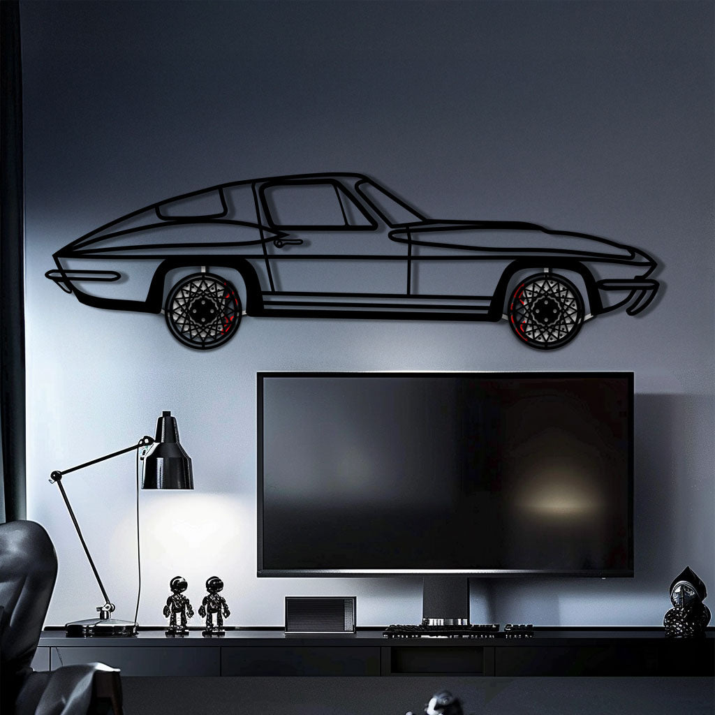 Chevrolet Corvette C3 Stingray Metal Wall Art with Rotating Wheels | Classic Muscle Car Silhouette Decor
