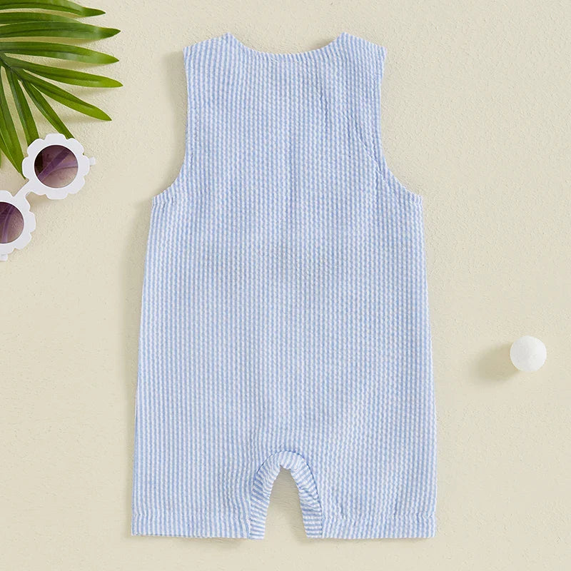 Baby Boy Sleeveless Golf Cart Romper | Striped Embroidered Crew Neck Summer Jumpsuit