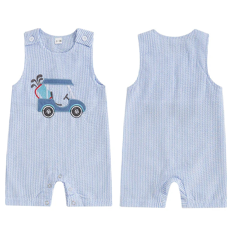 Baby Boy Sleeveless Golf Cart Romper | Striped Embroidered Crew Neck Summer Jumpsuit