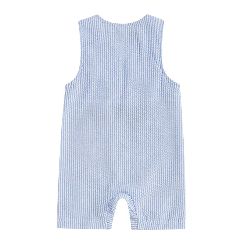 Baby Boy Sleeveless Golf Cart Romper | Striped Embroidered Crew Neck Summer Jumpsuit