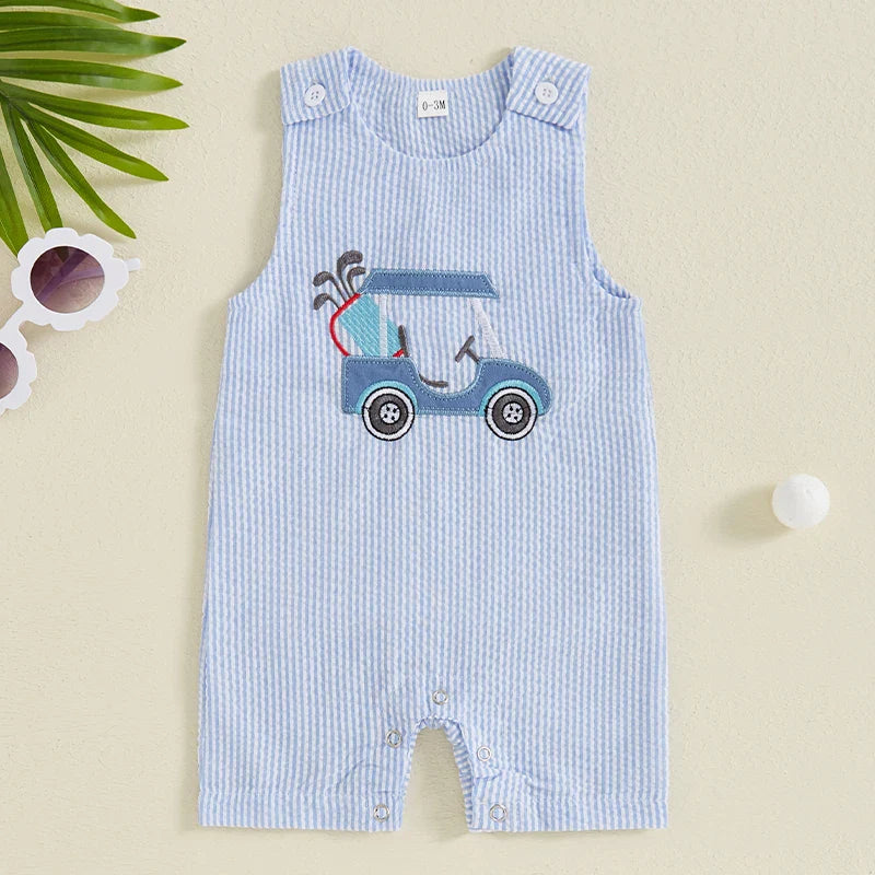 Baby Boy Sleeveless Golf Cart Romper | Striped Embroidered Crew Neck Summer Jumpsuit
