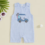 Baby Boy Sleeveless Golf Cart Romper | Striped Embroidered Crew Neck Summer Jumpsuit