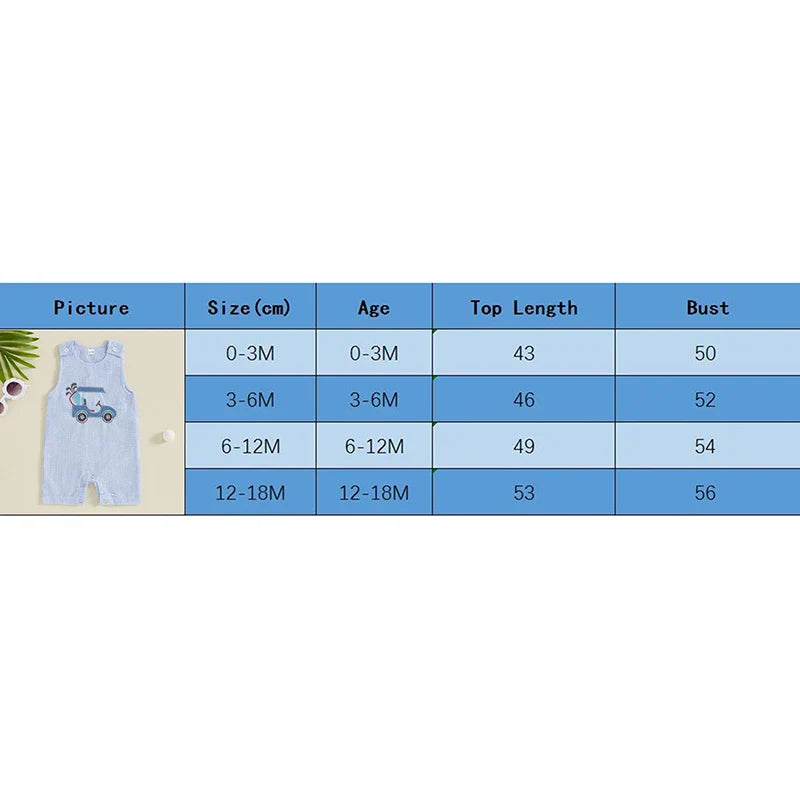 Baby Boy Sleeveless Golf Cart Romper | Striped Embroidered Crew Neck Summer Jumpsuit