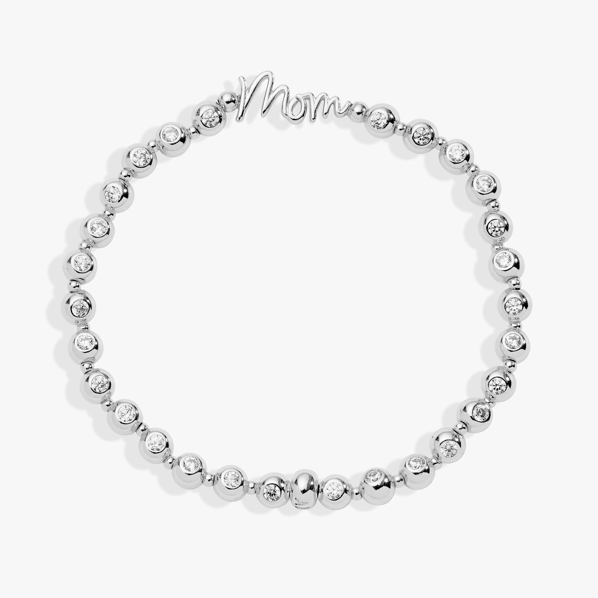 Mom Crystal Stretch Bracelet – Elongated Script Plaque with Sparkling Beads, Meaningful Gift for Mom