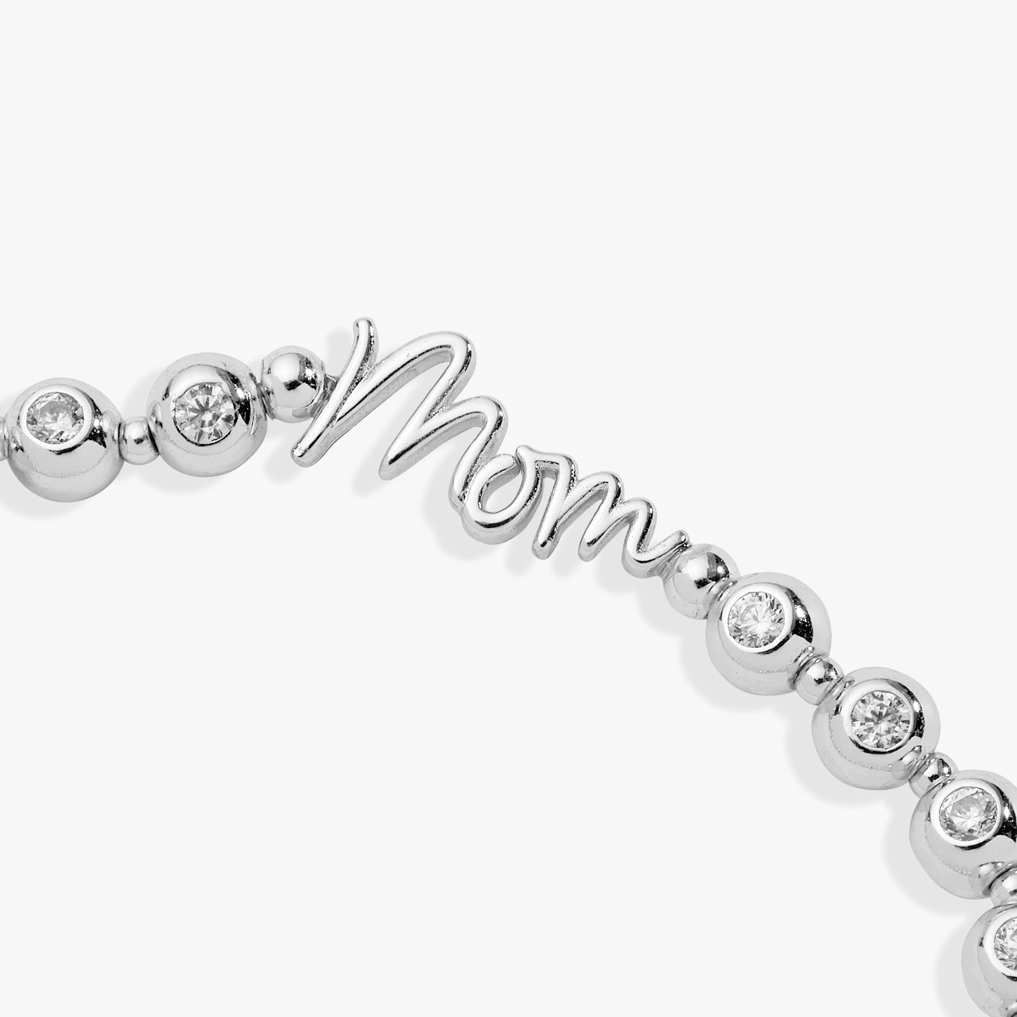 Mom Crystal Stretch Bracelet – Elongated Script Plaque with Sparkling Beads, Meaningful Gift for Mom